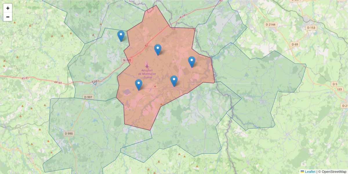 Carte de la zone du code postal  et des codes postaux voisins en France