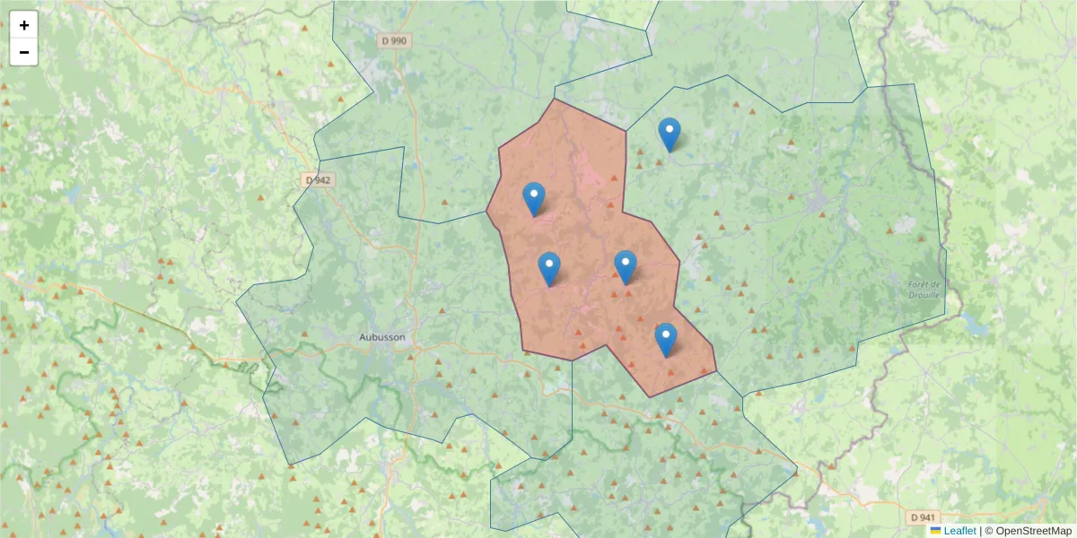 Carte de la zone du code postal  et des codes postaux voisins en France