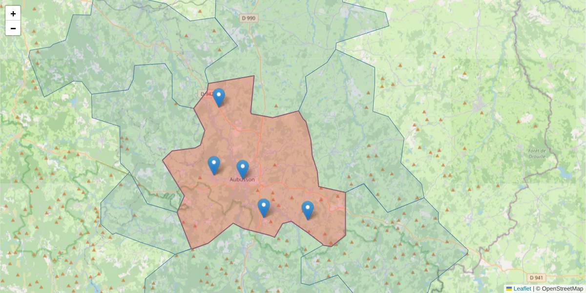 Carte de la zone du code postal  et des codes postaux voisins en France