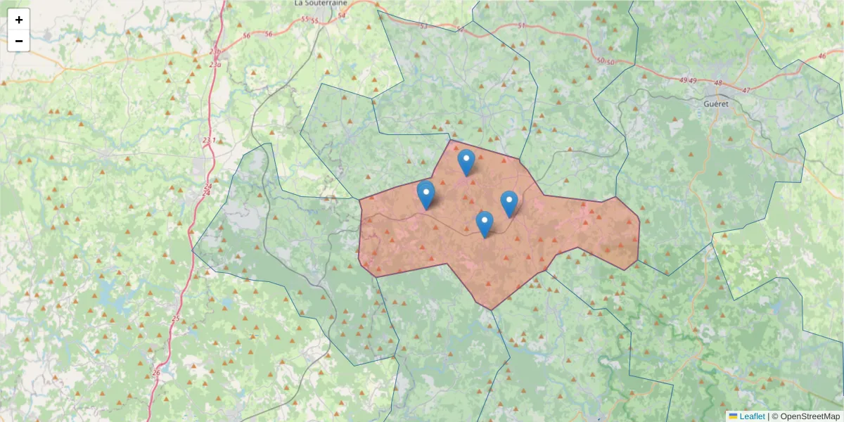 Carte de la zone du code postal  et des codes postaux voisins en France