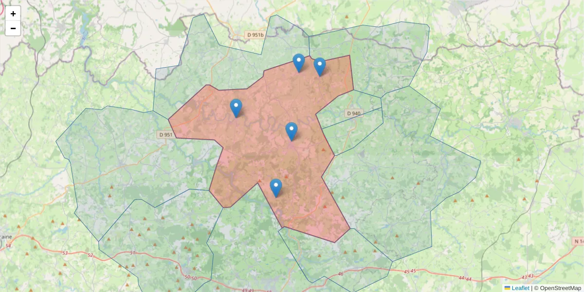 Carte de la zone du code postal  et des codes postaux voisins en France