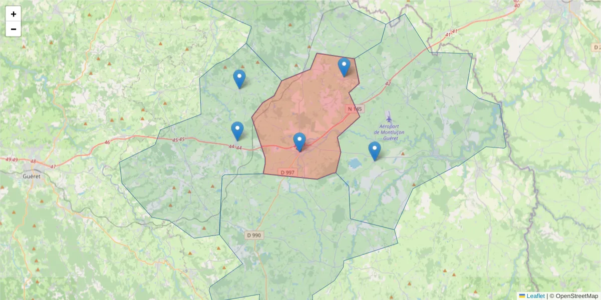 Carte de la zone du code postal  et des codes postaux voisins en France