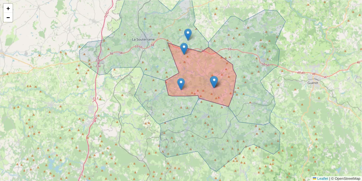 Carte de la zone du code postal  et des codes postaux voisins en France