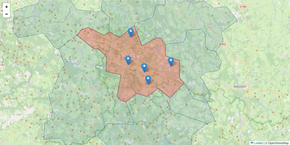 Carte de la zone du code postal  et des codes postaux voisins en France