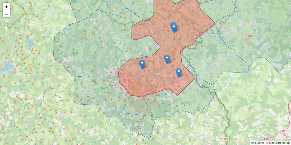 Carte de la zone du code postal  et des codes postaux voisins en France