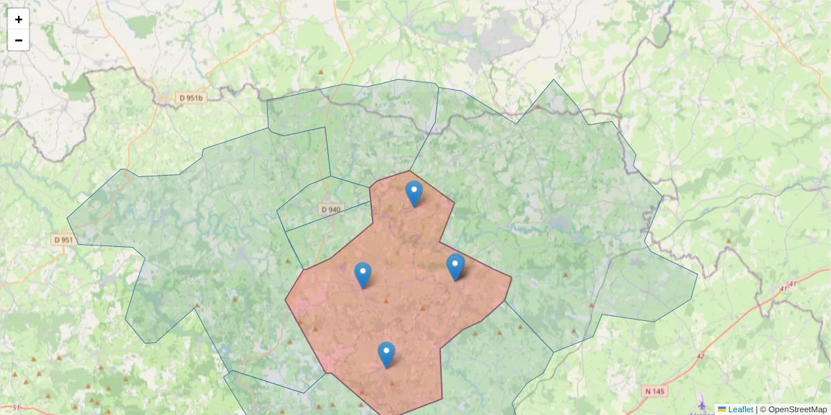 Carte de la zone du code postal  et des codes postaux voisins en France