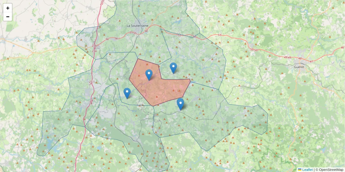 Carte de la zone du code postal  et des codes postaux voisins en France