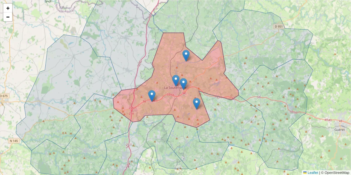 Carte de la zone du code postal  et des codes postaux voisins en France