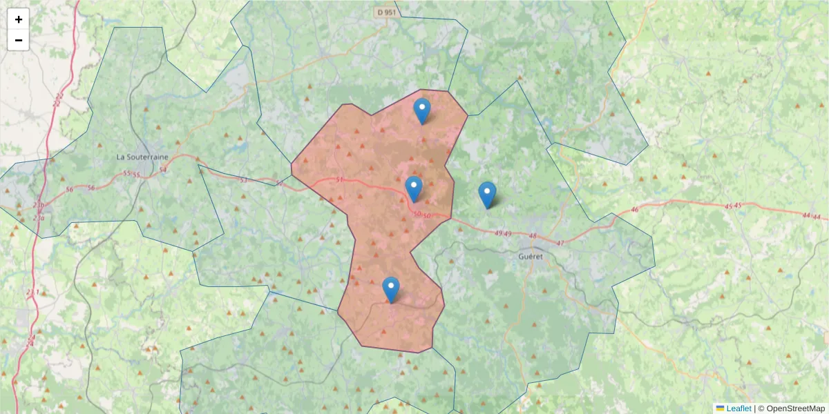 Carte de la zone du code postal  et des codes postaux voisins en France
