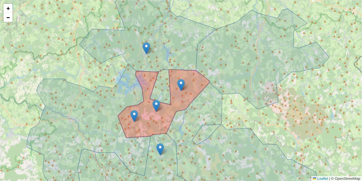 Carte de la zone du code postal  et des codes postaux voisins en France