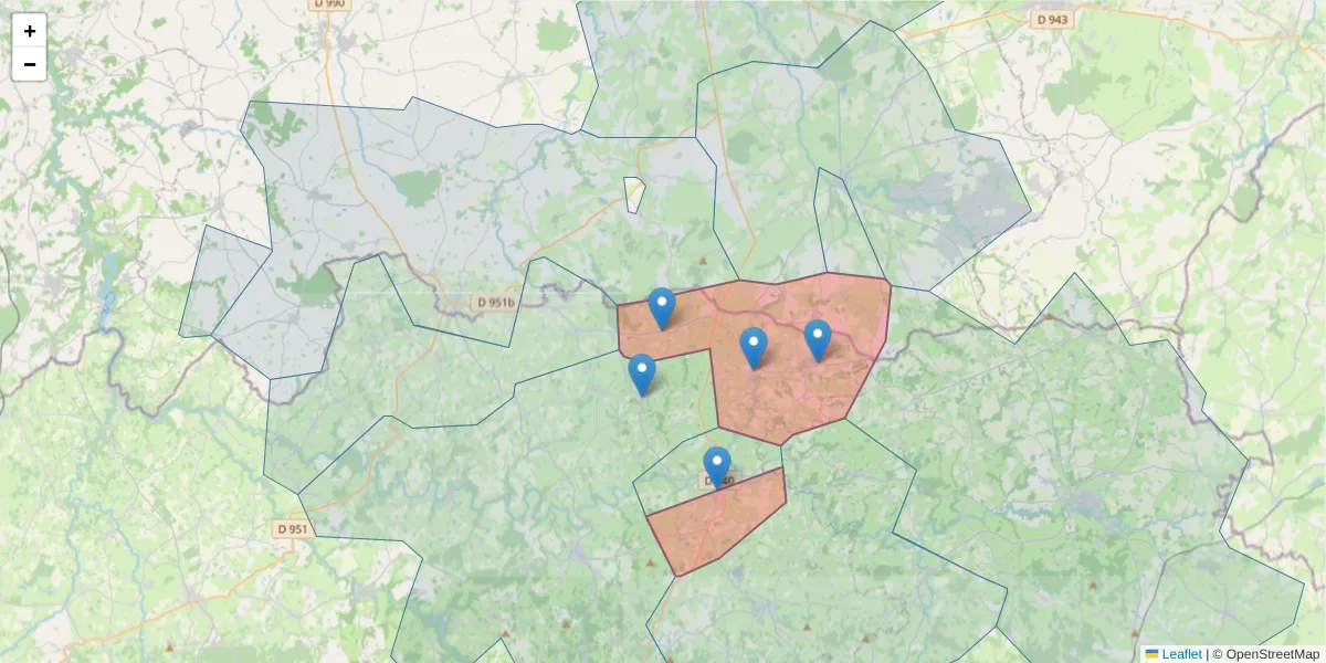 Carte de la zone du code postal  et des codes postaux voisins en France