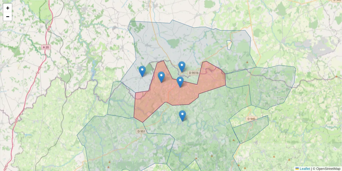Carte de la zone du code postal  et des codes postaux voisins en France