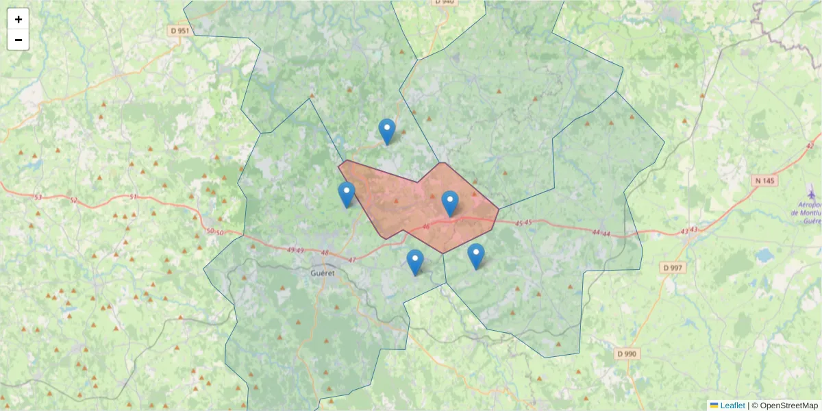 Carte de la zone du code postal  et des codes postaux voisins en France