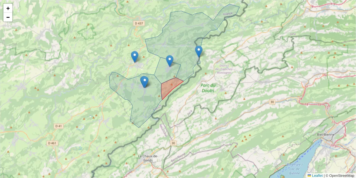 Carte de la zone du code postal  et des codes postaux voisins en France