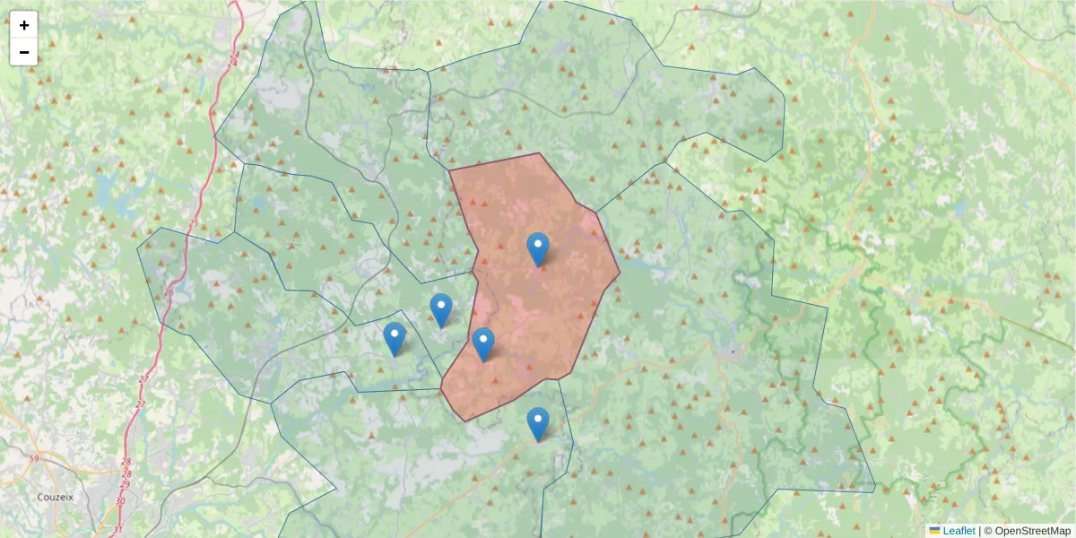 Carte de la zone du code postal  et des codes postaux voisins en France