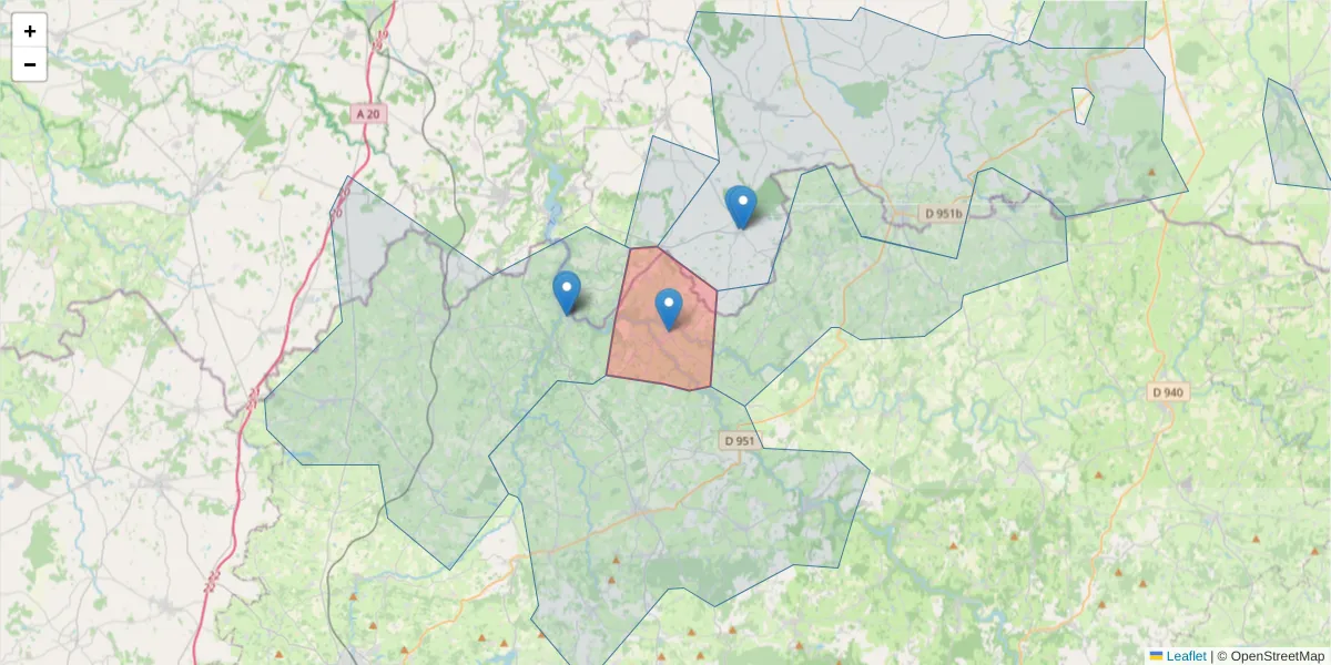 Carte de la zone du code postal  et des codes postaux voisins en France