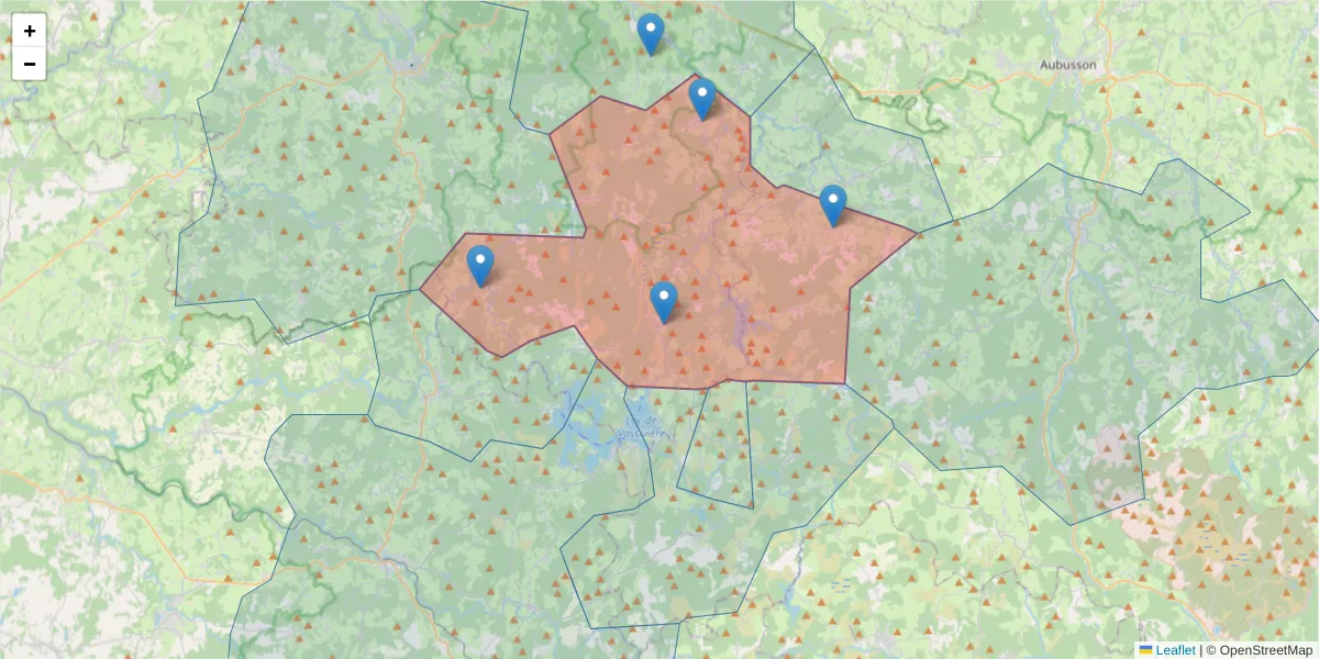 Carte de la zone du code postal  et des codes postaux voisins en France