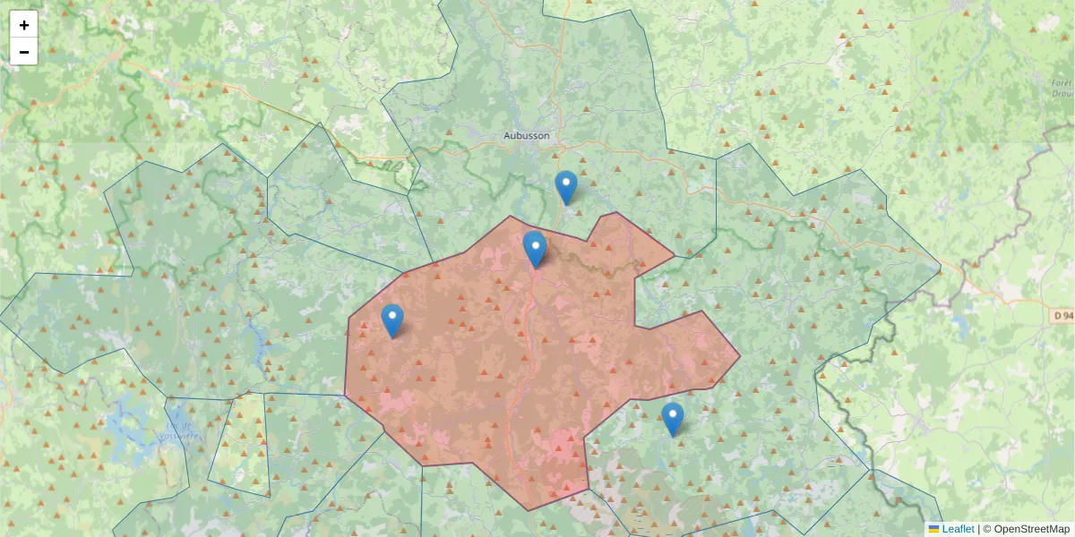 Carte de la zone du code postal  et des codes postaux voisins en France