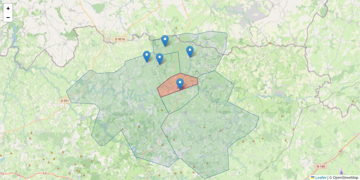Carte de la zone du code postal  et des codes postaux voisins en France