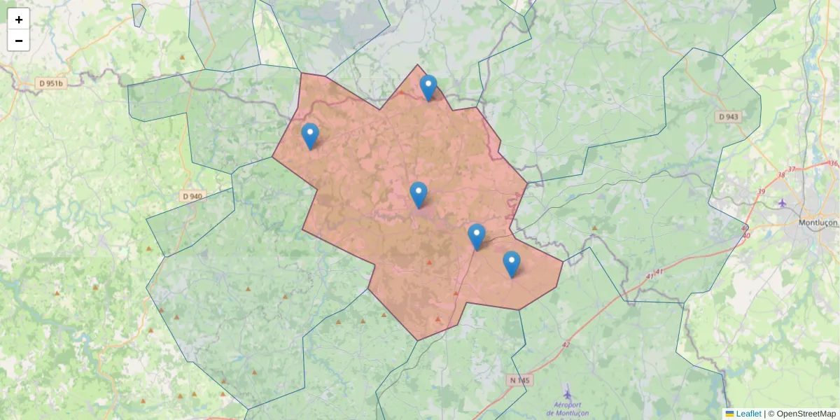 Carte de la zone du code postal  et des codes postaux voisins en France