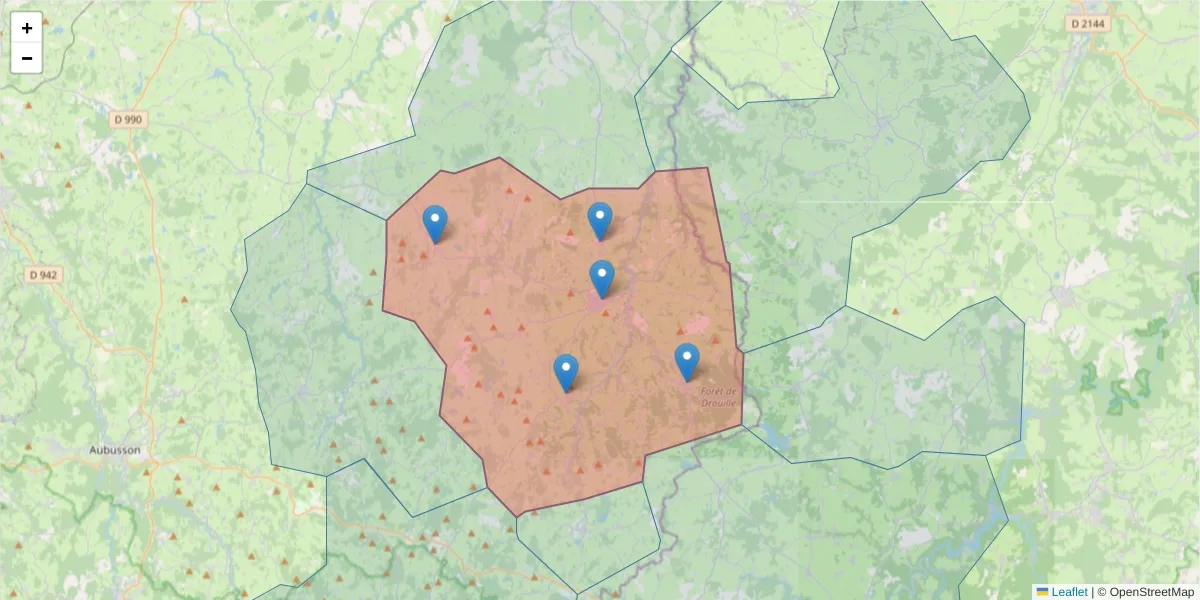 Carte de la zone du code postal  et des codes postaux voisins en France