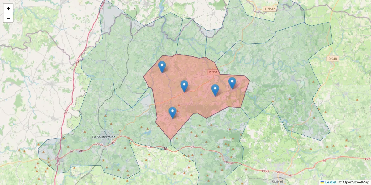 Carte de la zone du code postal  et des codes postaux voisins en France