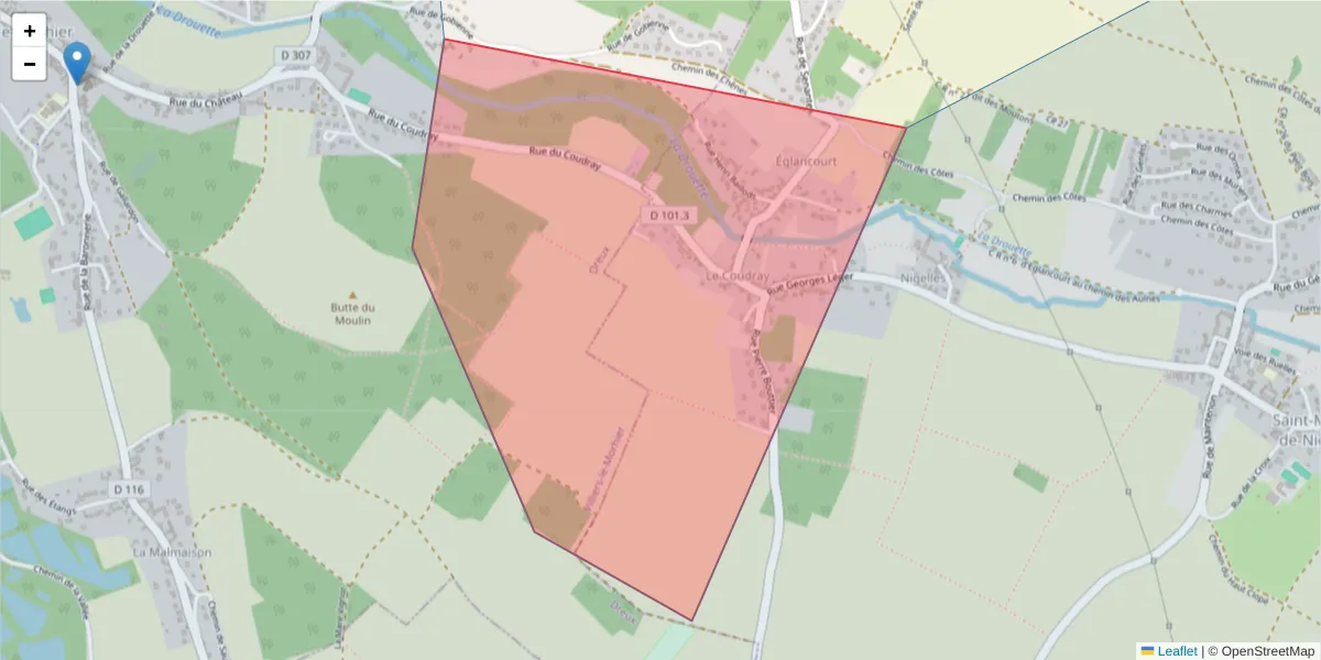 Carte de la zone du code postal  et des codes postaux voisins en France