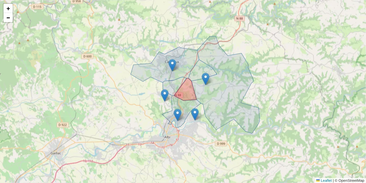 Carte de la zone du code postal  et des codes postaux voisins en France