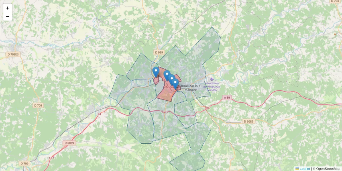 Carte de la zone du code postal  et des codes postaux voisins en France