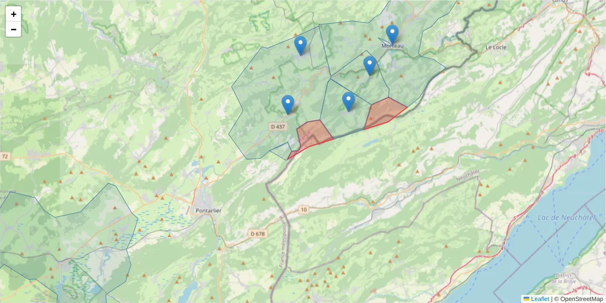 Carte de la zone du code postal  et des codes postaux voisins en France
