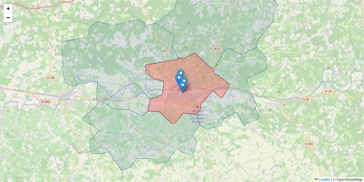 Carte de la zone du code postal  et des codes postaux voisins en France