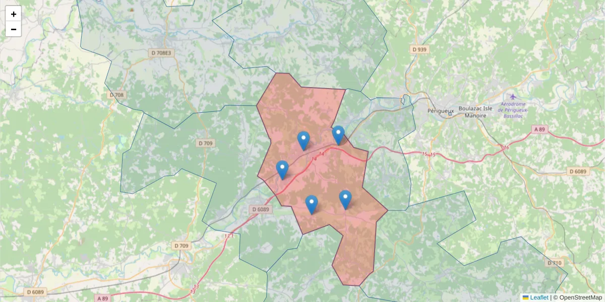 Carte de la zone du code postal  et des codes postaux voisins en France