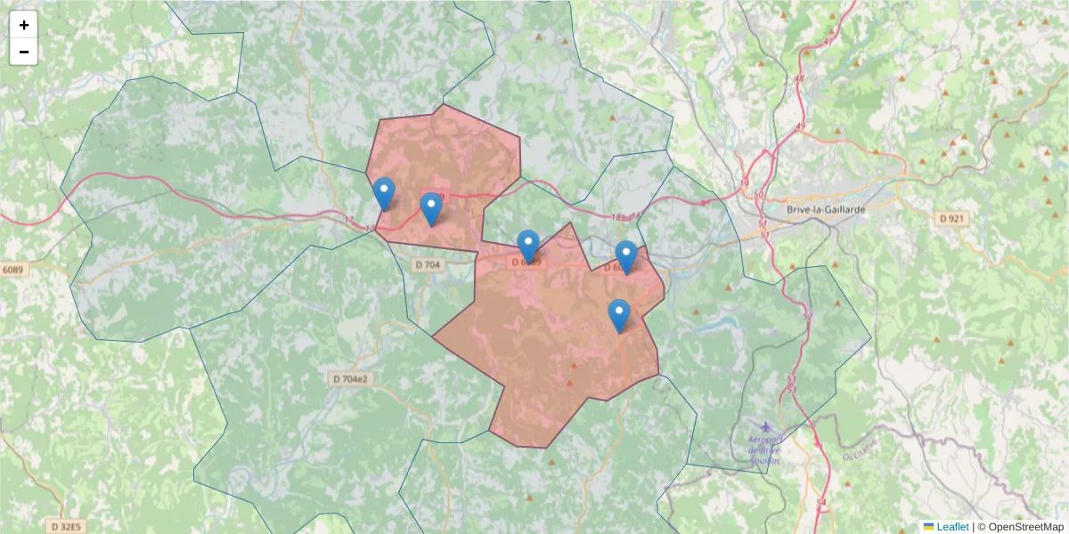 Carte de la zone du code postal  et des codes postaux voisins en France