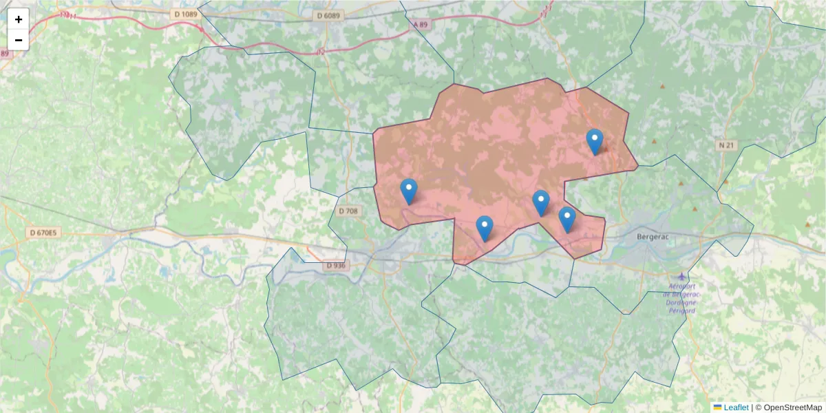 Carte de la zone du code postal  et des codes postaux voisins en France