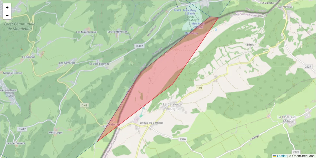 Carte de la zone du code postal  et des codes postaux voisins en France