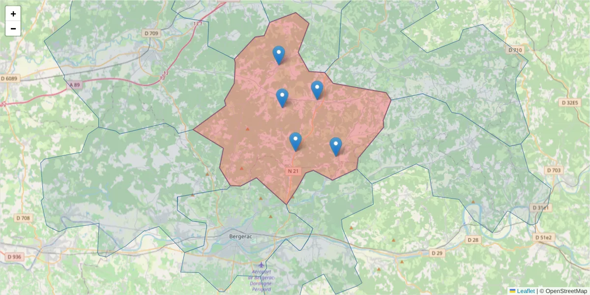 Carte de la zone du code postal  et des codes postaux voisins en France