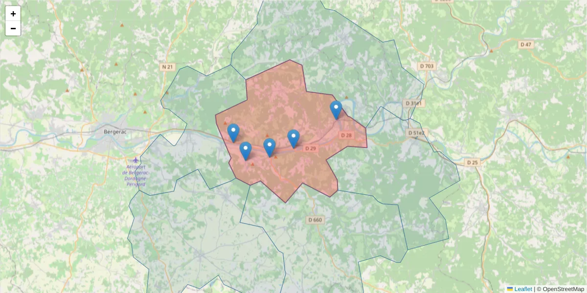 Carte de la zone du code postal  et des codes postaux voisins en France