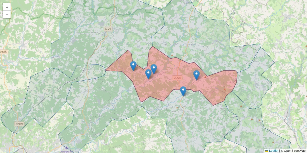 Carte de la zone du code postal  et des codes postaux voisins en France