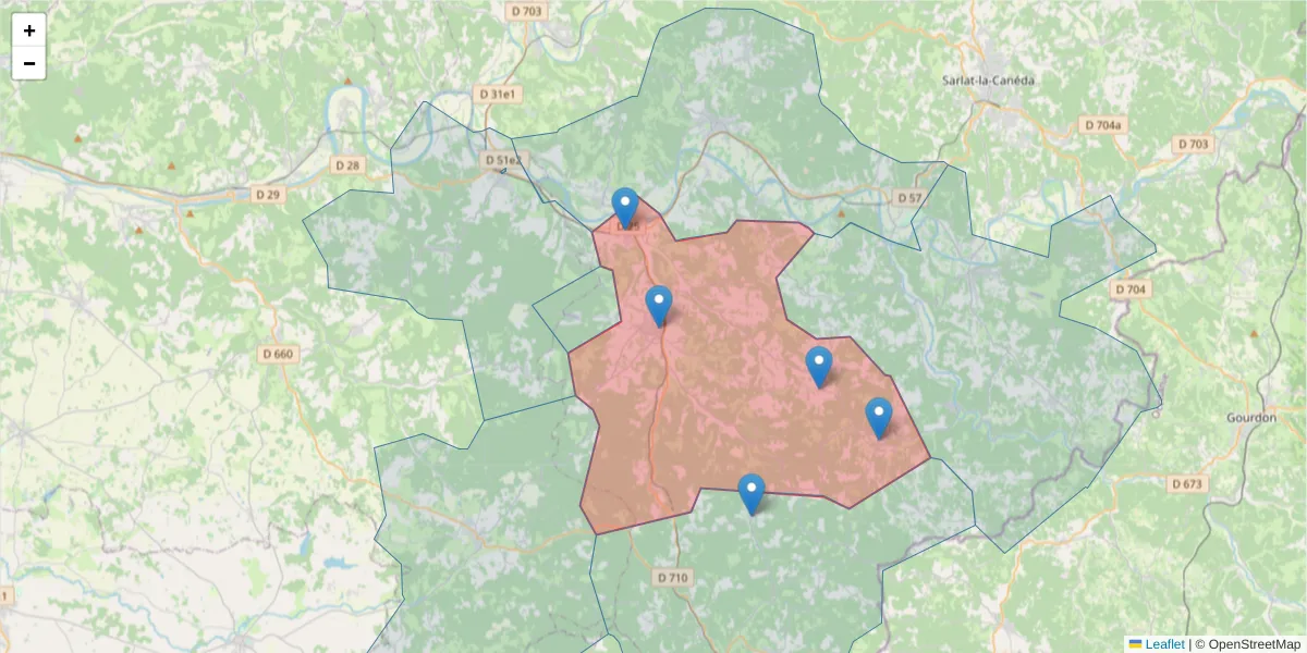 Carte de la zone du code postal  et des codes postaux voisins en France