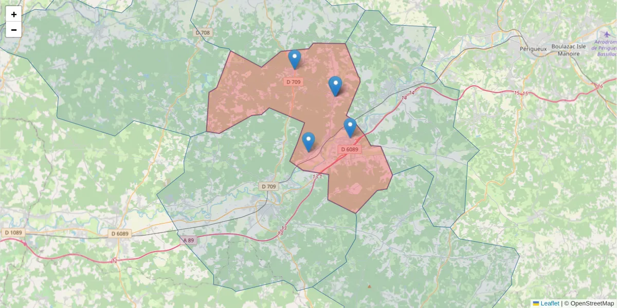 Carte de la zone du code postal  et des codes postaux voisins en France