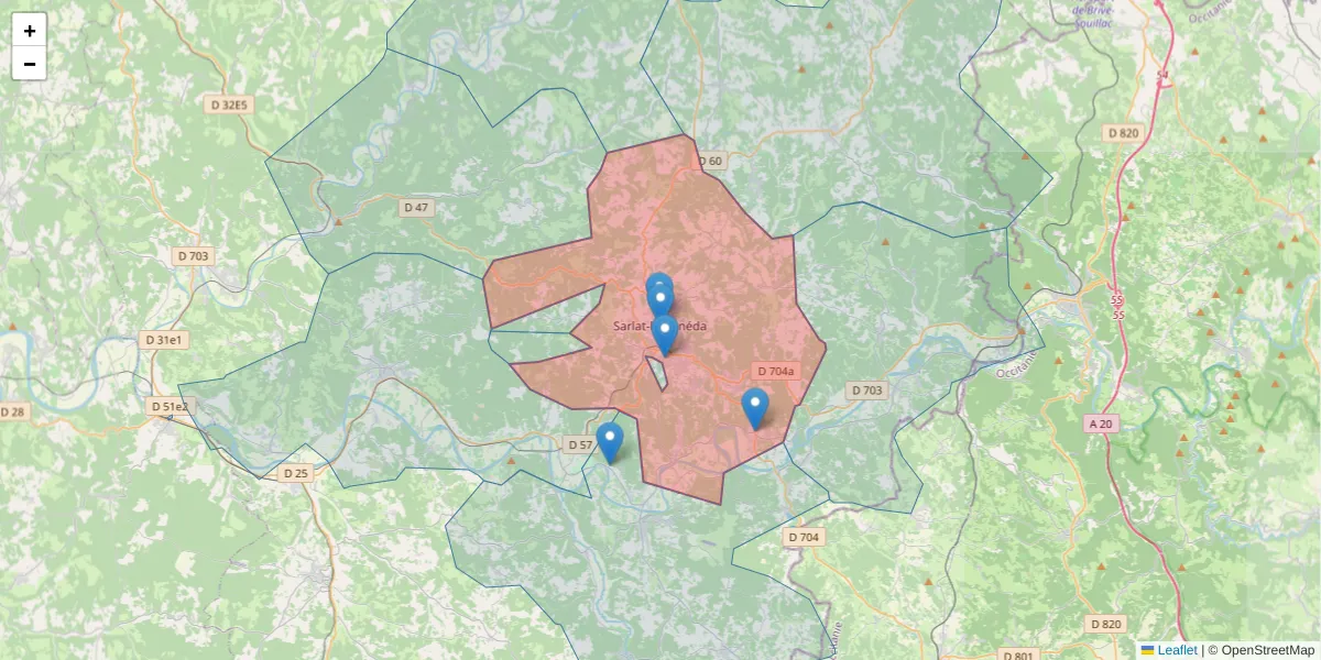 Carte de la zone du code postal  et des codes postaux voisins en France