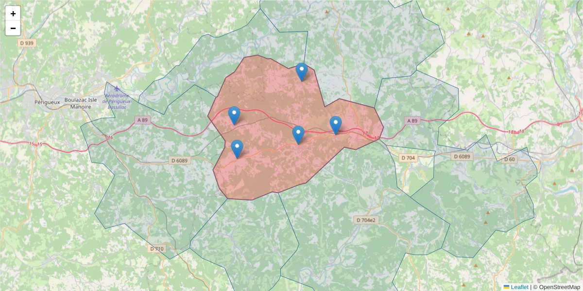 Carte de la zone du code postal  et des codes postaux voisins en France