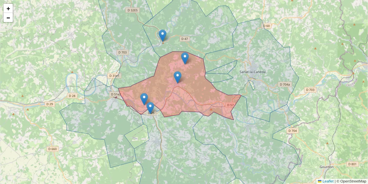 Carte de la zone du code postal  et des codes postaux voisins en France