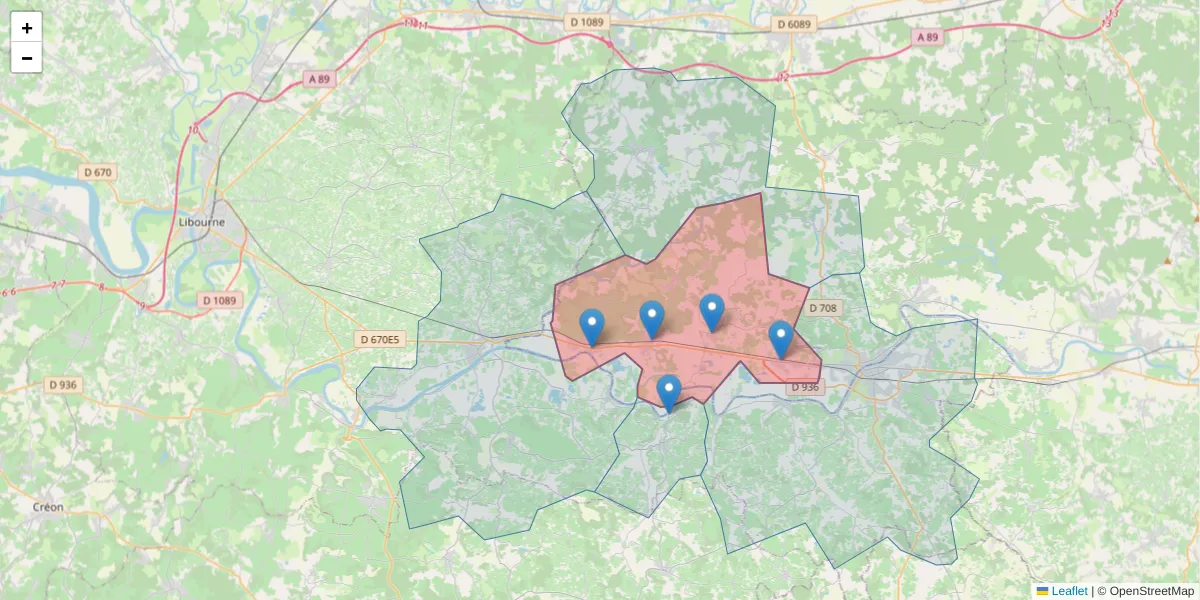 Carte de la zone du code postal  et des codes postaux voisins en France