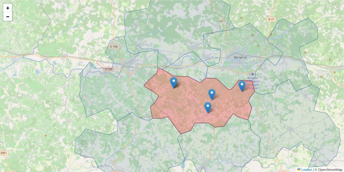 Carte de la zone du code postal  et des codes postaux voisins en France