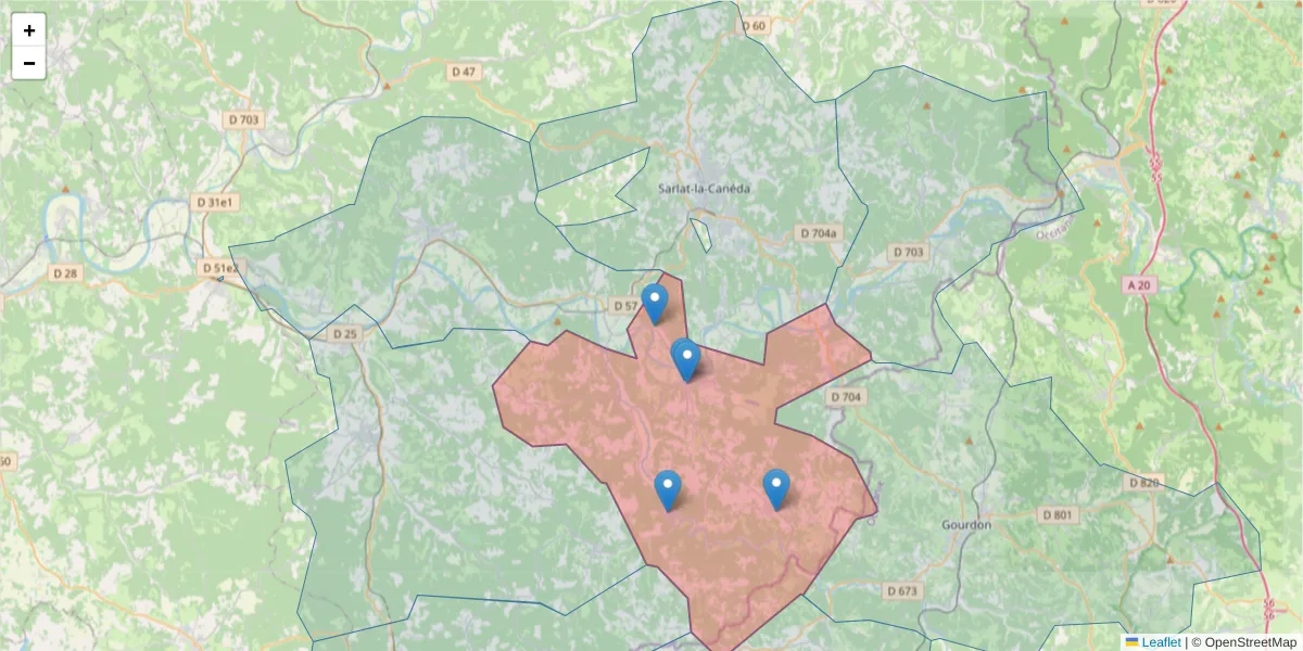 Carte de la zone du code postal  et des codes postaux voisins en France