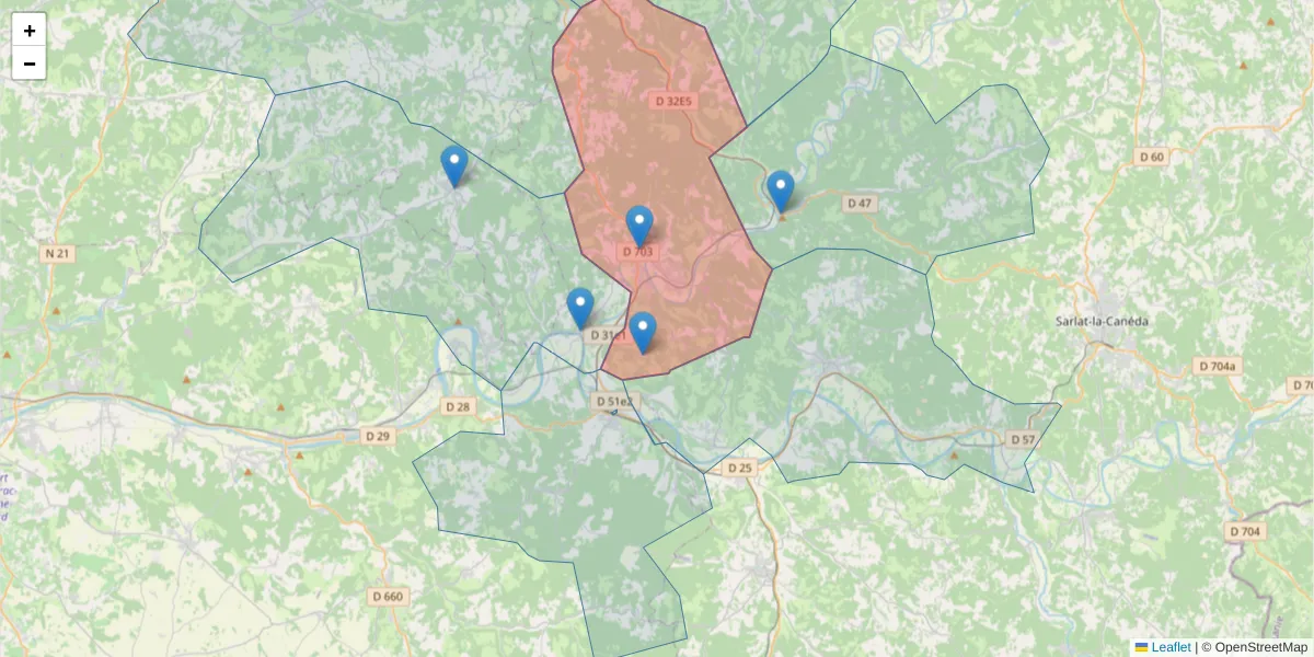 Carte de la zone du code postal  et des codes postaux voisins en France