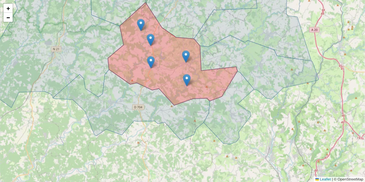 Carte de la zone du code postal  et des codes postaux voisins en France