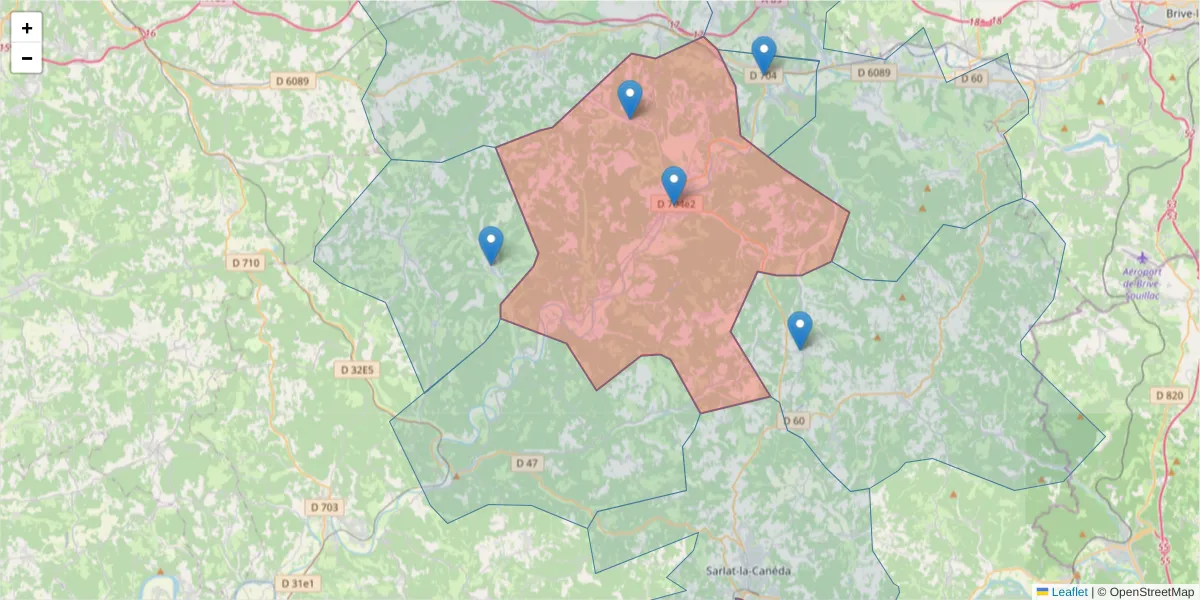 Carte de la zone du code postal  et des codes postaux voisins en France