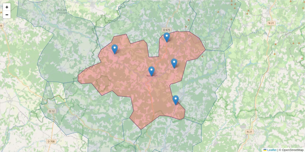 Carte de la zone du code postal  et des codes postaux voisins en France
